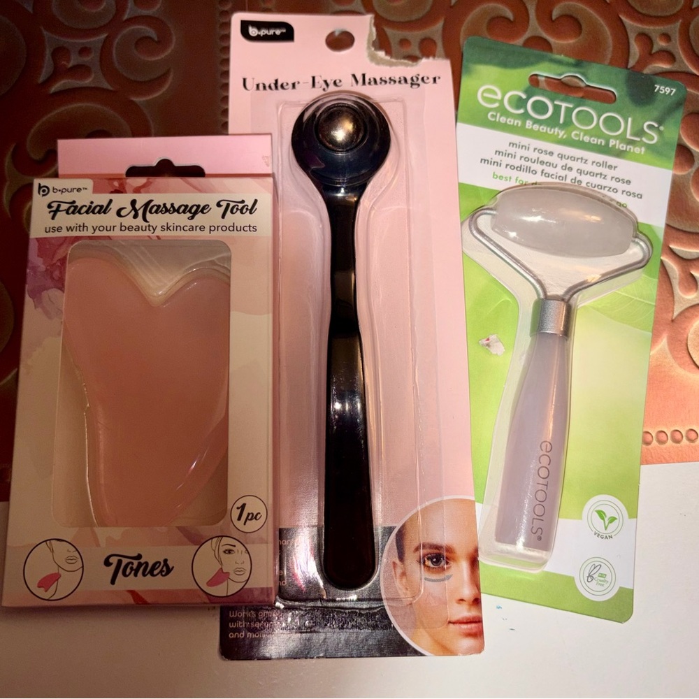 Set of 3 Facial Massage Tools: Ecotools mini rose quartz roller, B Pure Eye
